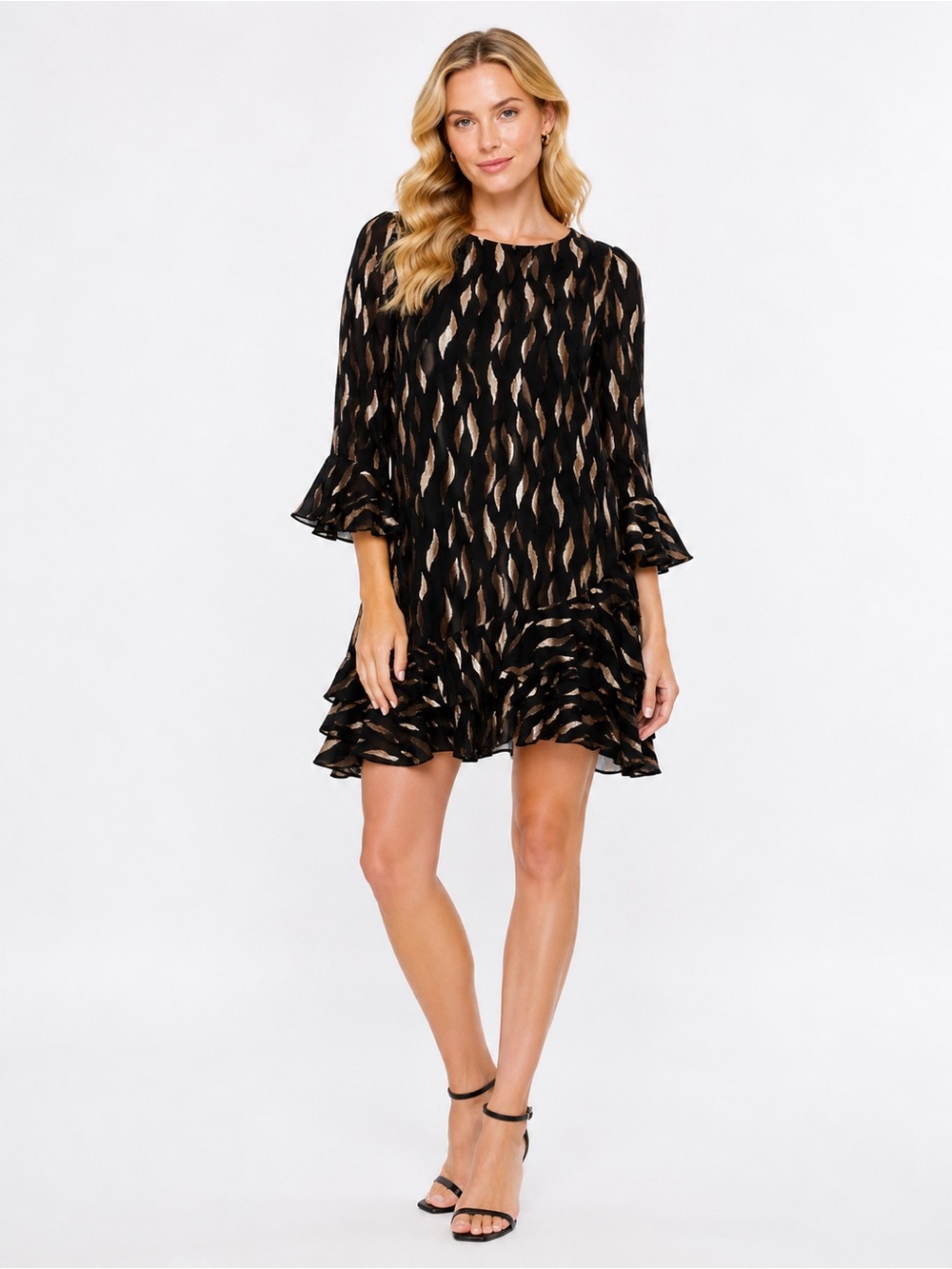 Saloni Black & Metallic Patterned Ruffle Hem Long Sleeve Back Zip Closure Women'